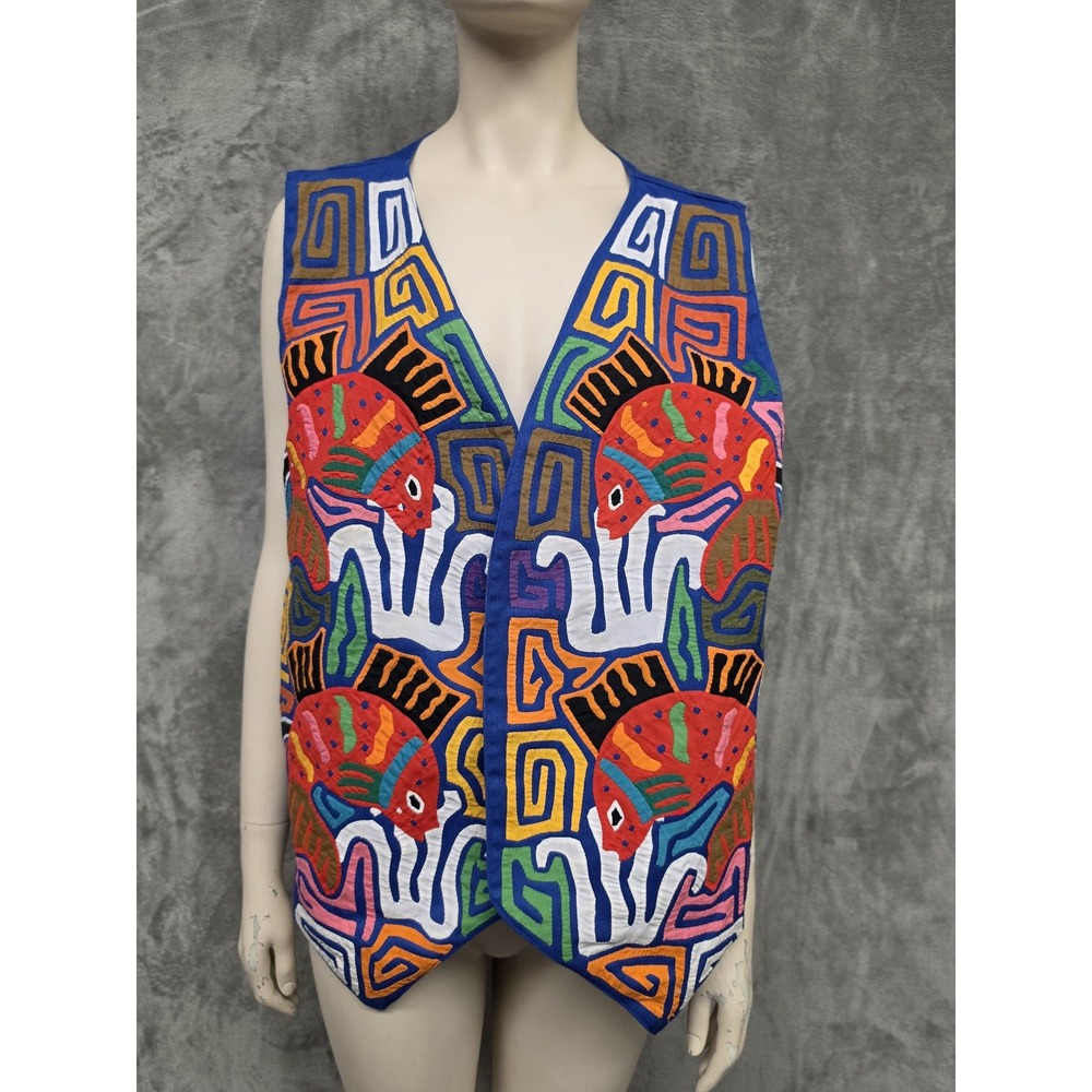 Sed's Crafts Mola Vest Womens OS Multicolor Fish Abstract Boho Folk Art Panama